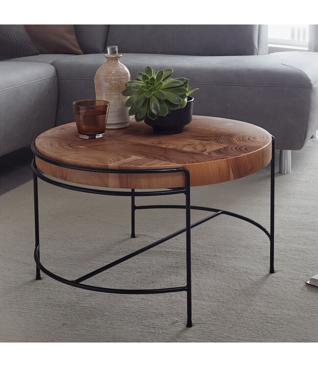 Wohnling salontafel 62x40x62 cm salontafel acacia massief hout / metaal | Ronde salontafel met metalen poten | Kleine design tafel massief | Houten tafel woonkamer industrieel