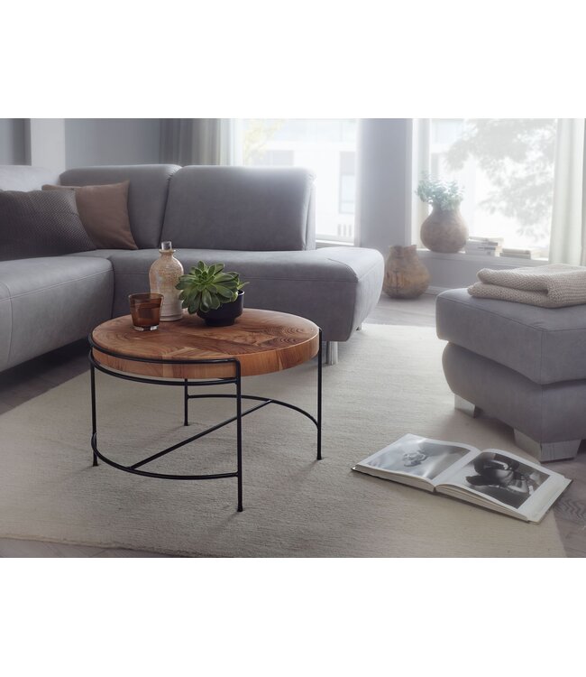 Wohnling salontafel 62x40x62 cm salontafel acacia massief hout / metaal | Ronde salontafel met metalen poten | Kleine design tafel massief | Houten tafel woonkamer industrieel