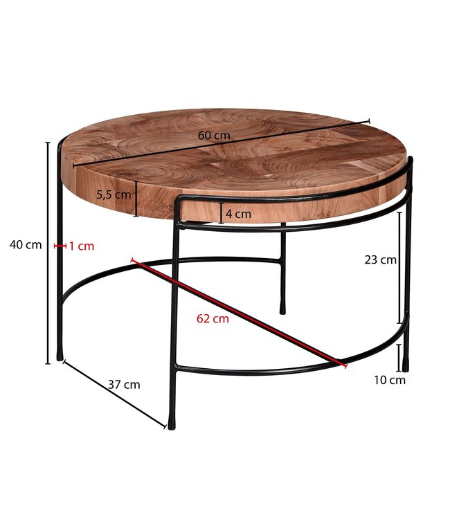 Wohnling salontafel 62x40x62 cm salontafel acacia massief hout / metaal | Ronde salontafel met metalen poten | Kleine design tafel massief | Houten tafel woonkamer industrieel