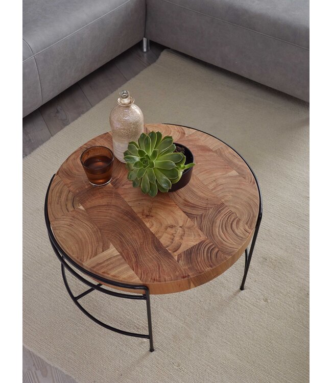 Wohnling salontafel 62x40x62 cm salontafel acacia massief hout / metaal | Ronde salontafel met metalen poten | Kleine design tafel massief | Houten tafel woonkamer industrieel