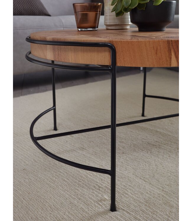 Wohnling salontafel 62x40x62 cm salontafel acacia massief hout / metaal | Ronde salontafel met metalen poten | Kleine design tafel massief | Houten tafel woonkamer industrieel