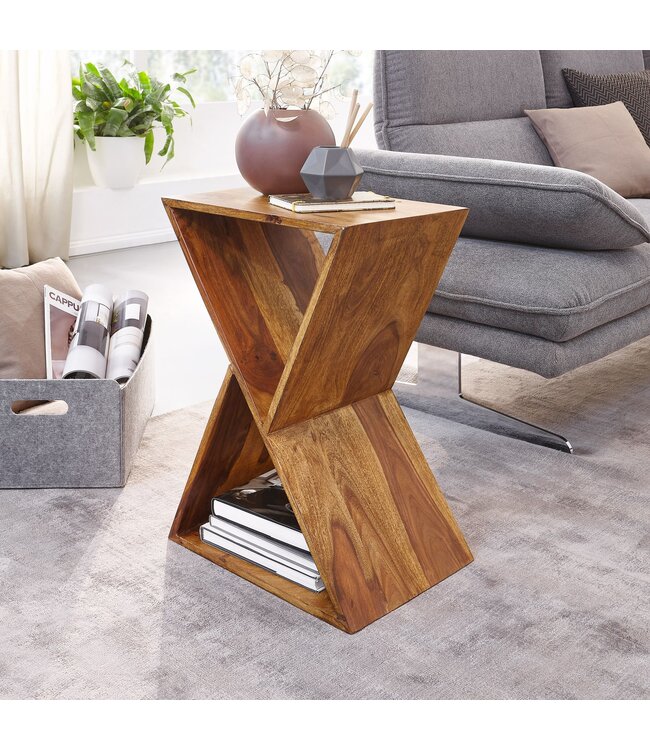 Wohnling bijzettafel X-vorm 43x60x30 cm sheesham massief houten bijzettafel | Tafel woonkamer massief | Kleine salontafel van echt hout | Salontafel met planken