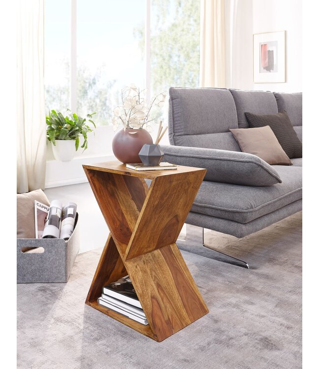Wohnling bijzettafel X-vorm 43x60x30 cm sheesham massief houten bijzettafel | Tafel woonkamer massief | Kleine salontafel van echt hout | Salontafel met planken