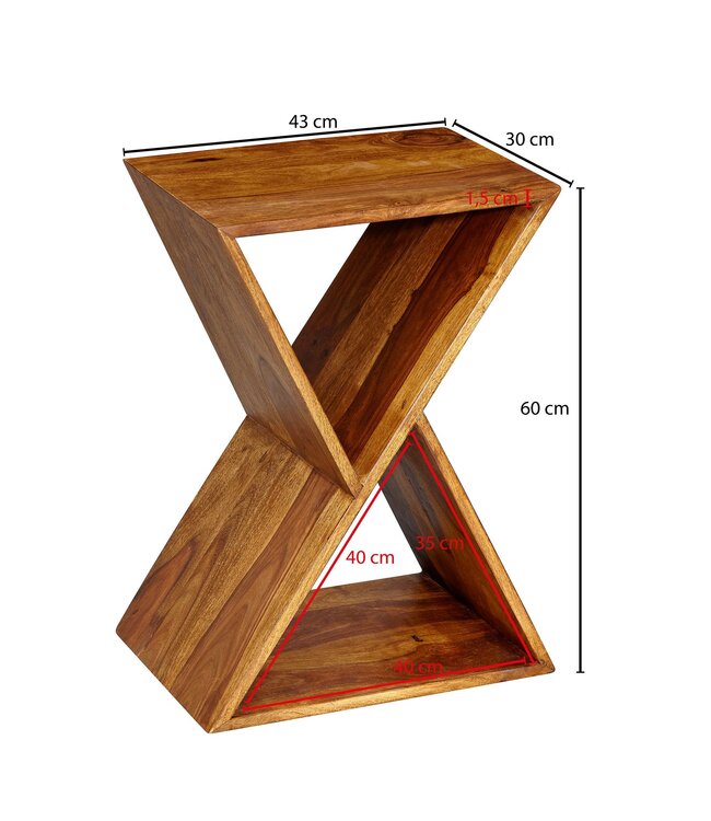 Wohnling bijzettafel X-vorm 43x60x30 cm sheesham massief houten bijzettafel | Tafel woonkamer massief | Kleine salontafel van echt hout | Salontafel met planken