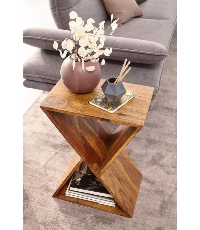 Wohnling bijzettafel X-vorm 43x60x30 cm sheesham massief houten bijzettafel | Tafel woonkamer massief | Kleine salontafel van echt hout | Salontafel met planken