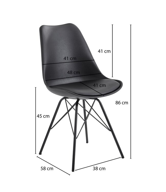 Wohnling eetkamer  set van 2 zwarte keukenstoelen Scandinavisch design | Schelpstoel met kunstlederen bekleding | Gestoffeerde stoel Gestoffeerde stoel