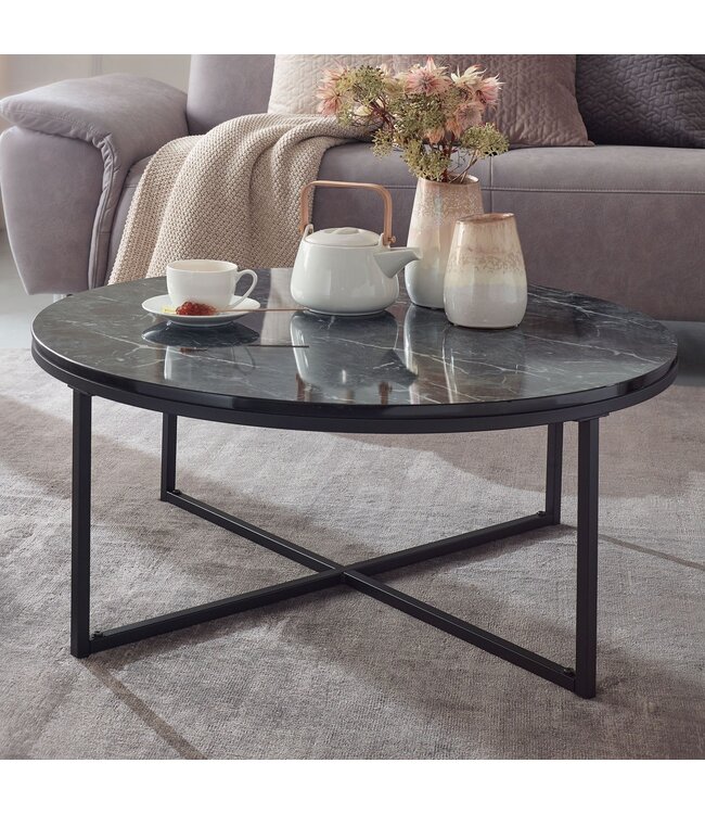 Wohnling salontafel 80x36x80 cm met zwart marmerlook | Salontafel met metalen frame | Salontafel ronde tafel woonkamer | Zijtafel