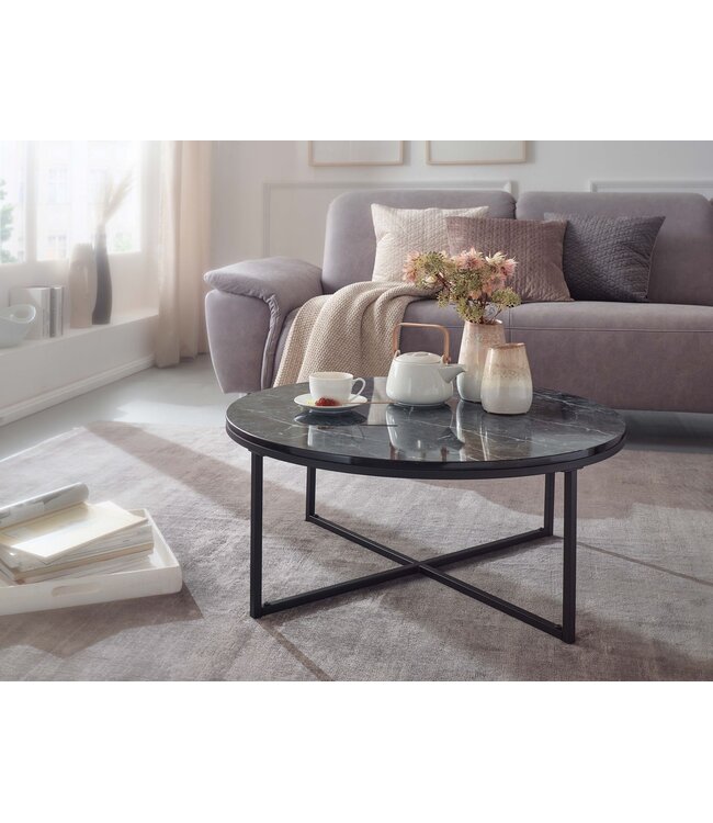 Wohnling salontafel 80x36x80 cm met zwart marmerlook | Salontafel met metalen frame | Salontafel ronde tafel woonkamer | Zijtafel