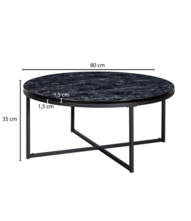 Wohnling salontafel 80x36x80 cm met zwart marmerlook | Salontafel met metalen frame | Salontafel ronde tafel woonkamer | Zijtafel