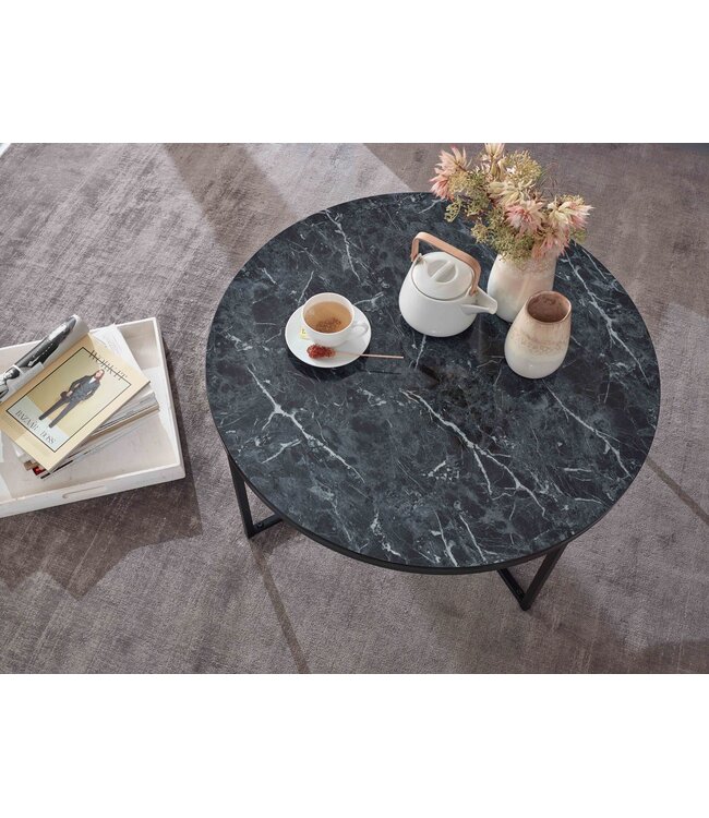Wohnling salontafel 80x36x80 cm met zwart marmerlook | Salontafel met metalen frame | Salontafel ronde tafel woonkamer | Zijtafel