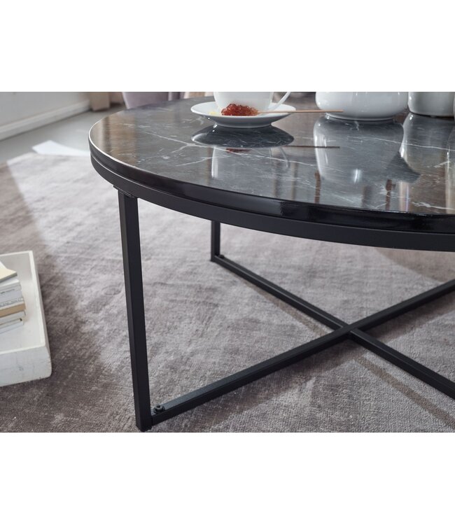 Wohnling salontafel 80x36x80 cm met zwart marmerlook | Salontafel met metalen frame | Salontafel ronde tafel woonkamer | Zijtafel