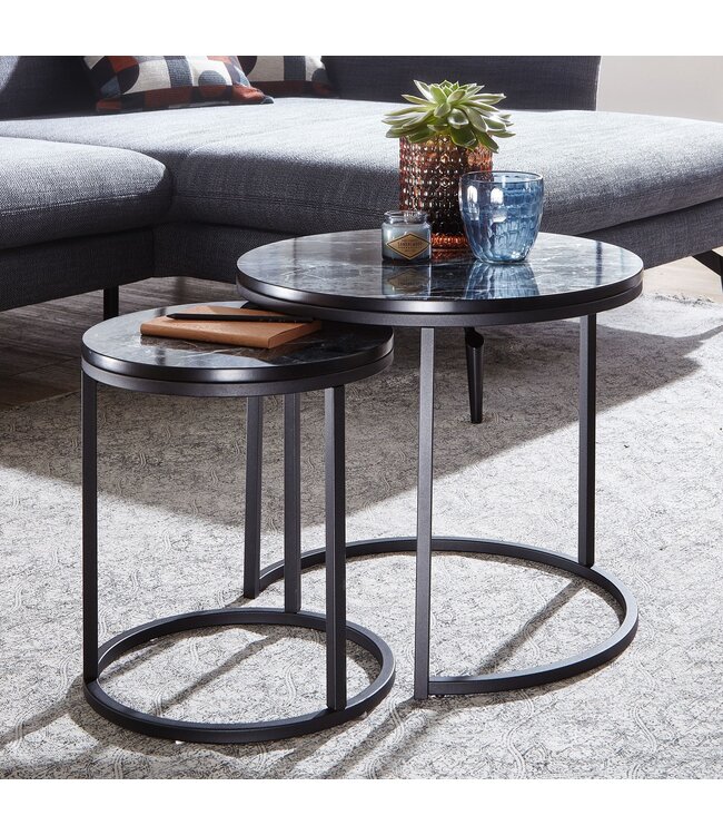Wohnling Design Bijzettafel 2-delige Set Zwart Marmerlook Rond, Salontafel 2-delig Metalen Onderstel, Kleine Woonkamertafels, Moderne Nesttafels