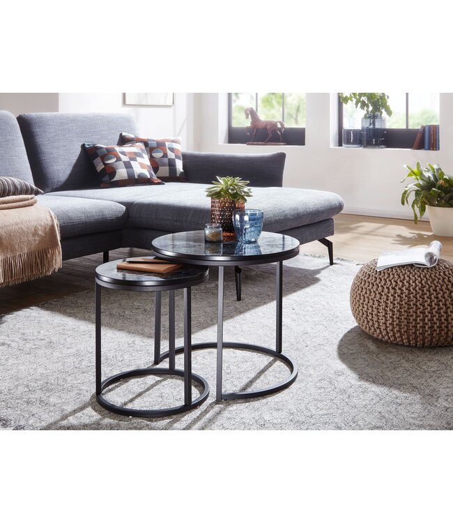 Wohnling Design Bijzettafel 2-delige Set Zwart Marmerlook Rond, Salontafel 2-delig Metalen Onderstel, Kleine Woonkamertafels, Moderne Nesttafels