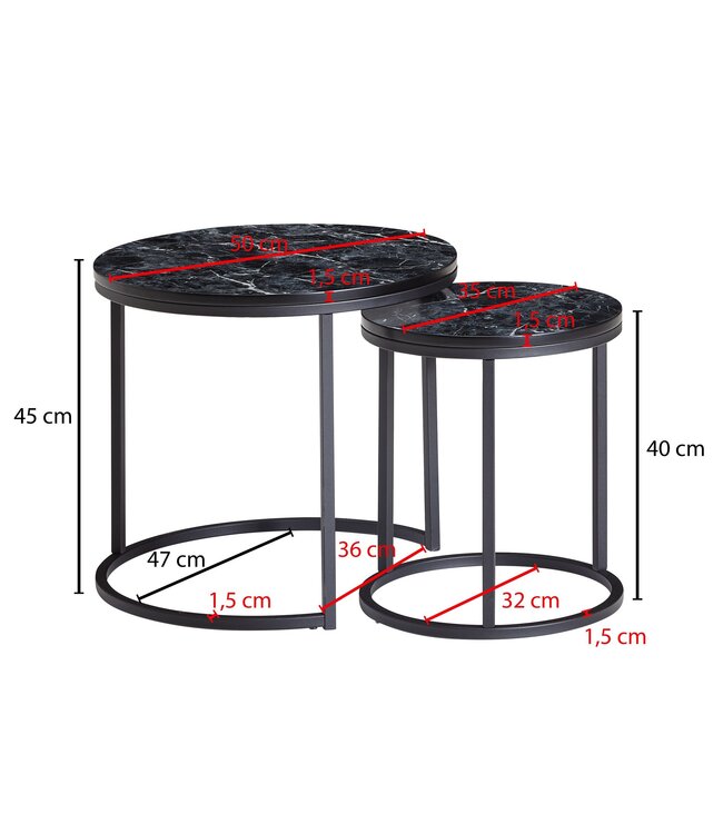 Wohnling Design Bijzettafel 2-delige Set Zwart Marmerlook Rond, Salontafel 2-delig Metalen Onderstel, Kleine Woonkamertafels, Moderne Nesttafels