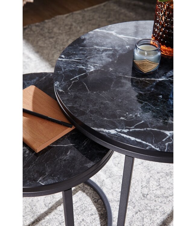 Wohnling Design Bijzettafel 2-delige Set Zwart Marmerlook Rond, Salontafel 2-delig Metalen Onderstel, Kleine Woonkamertafels, Moderne Nesttafels