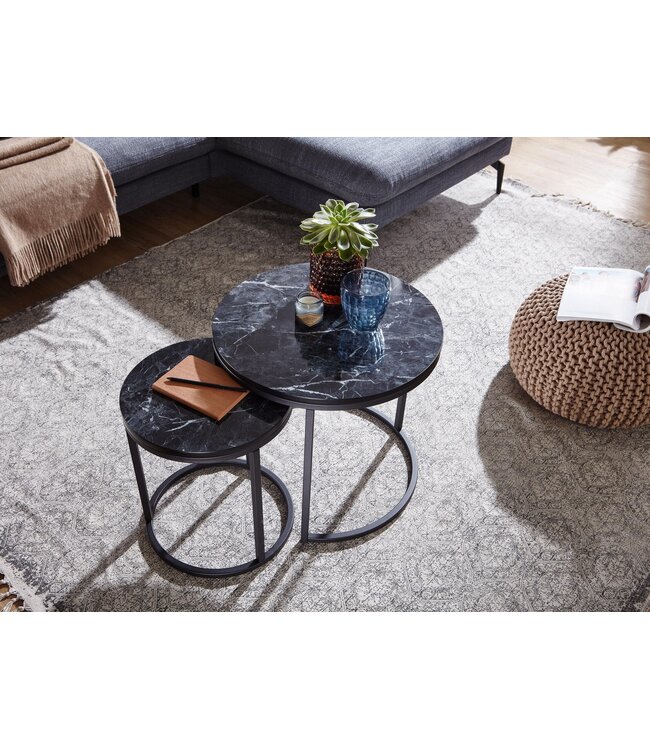 Wohnling Design Bijzettafel 2-delige Set Zwart Marmerlook Rond, Salontafel 2-delig Metalen Onderstel, Kleine Woonkamertafels, Moderne Nesttafels