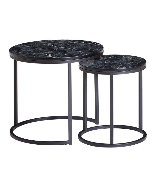 Wohnling Design Bijzettafel 2-delige Set Zwart Marmerlook Rond, Salontafel 2-delig Metalen Onderstel, Kleine Woonkamertafels, Moderne Nesttafels