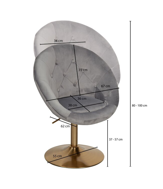 Wohnling stoel fluweel grijs / goud design draaistoel | Club fauteuil gestoffeerde stoel met rugleuning | Draaifauteuil Cocktail fauteuil Lounge | Fauteuil met stoffen bekleding