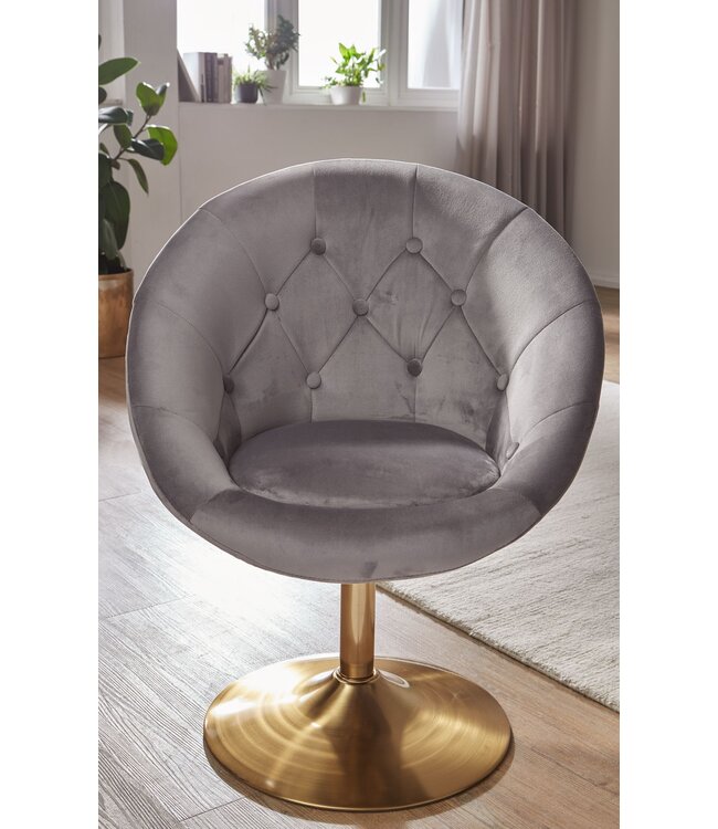 Wohnling stoel fluweel grijs / goud design draaistoel | Club fauteuil gestoffeerde stoel met rugleuning | Draaifauteuil Cocktail fauteuil Lounge | Fauteuil met stoffen bekleding