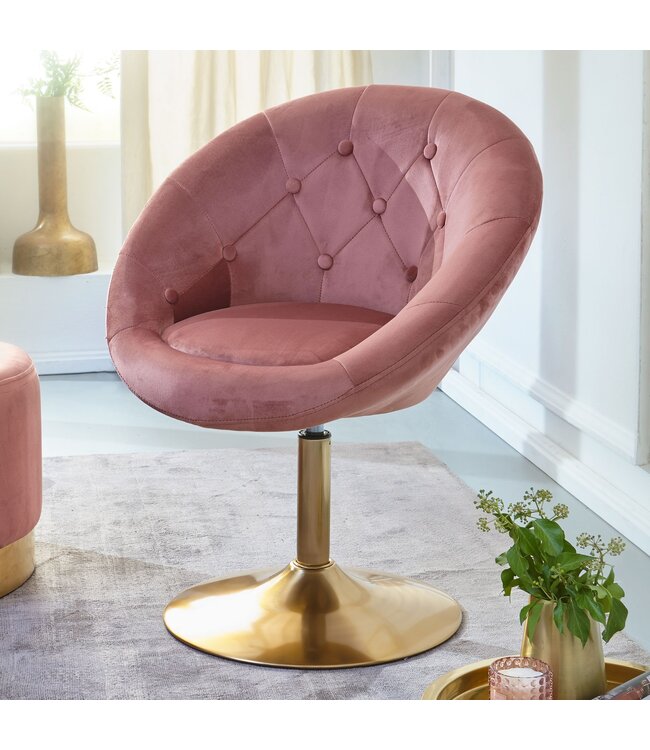 Wohnling Loungestoel Fluweel Roze / Goud Design Draaistoel, Clubfauteuil Gestoffeerde Stoel met Rugleuning, Draaifauteuil Cocktailstoel Lounge, Fauteuil met Stoffen Bekleding