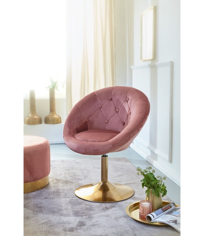 Wohnling Loungestoel Fluweel Roze / Goud Design Draaistoel, Clubfauteuil Gestoffeerde Stoel met Rugleuning, Draaifauteuil Cocktailstoel Lounge, Fauteuil met Stoffen Bekleding