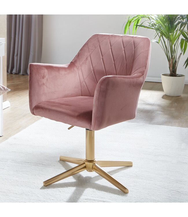 Wohnling Bureaustoel Roze Fluweel Design Draaistoel met Rugleuning, Kuipstoel 120 kg Hoogteverstelbaar, Werkstoel zonder Wielen, Stoel Bureau Thuiswerk Draaibaar