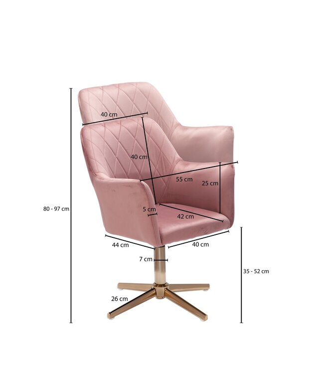 Wohnling Bureaustoel Roze Fluweel Design Draaistoel met Rugleuning, Kuipstoel 120 kg Hoogteverstelbaar, Werkstoel zonder Wielen, Stoel Bureau Thuiswerk Draaibaar