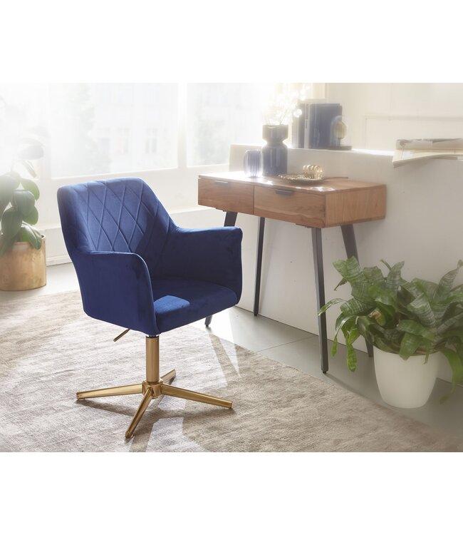 Wohnling bureaustoel donkerblauw velvet design draaifauteuil met rugleuning | kuipstoel 120 kg in hoogte verstelbaar | Werkstoel zonder wielen | Stoel bureau thuiskantoor Draaibaar
