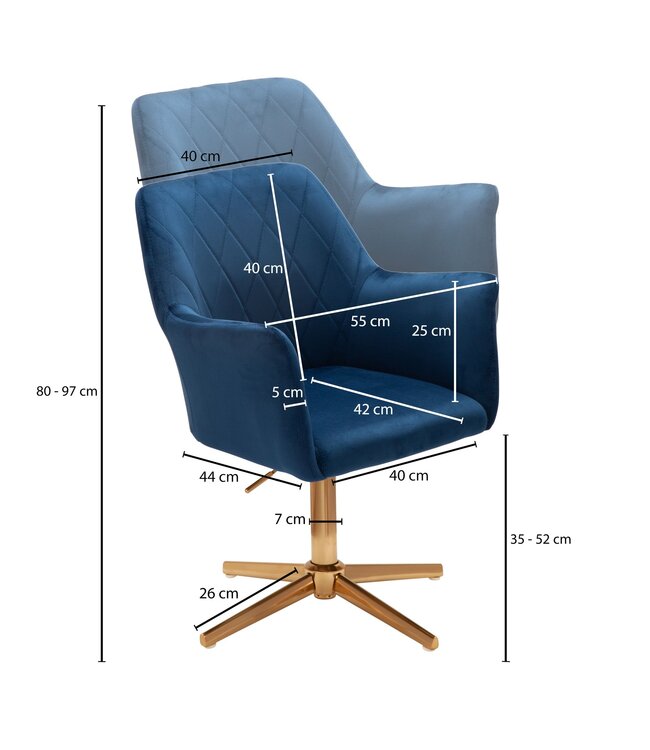 Wohnling bureaustoel donkerblauw velvet design draaifauteuil met rugleuning | kuipstoel 120 kg in hoogte verstelbaar | Werkstoel zonder wielen | Stoel bureau thuiskantoor Draaibaar