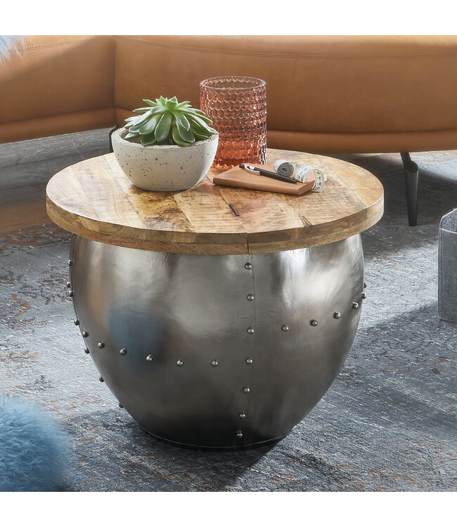Wohnling salontafel Mango massief hout / metaal 60x43x60 cm industriële stijl rond | Design salontafel met opbergruimte | Moderne salontafel salontafel zilver