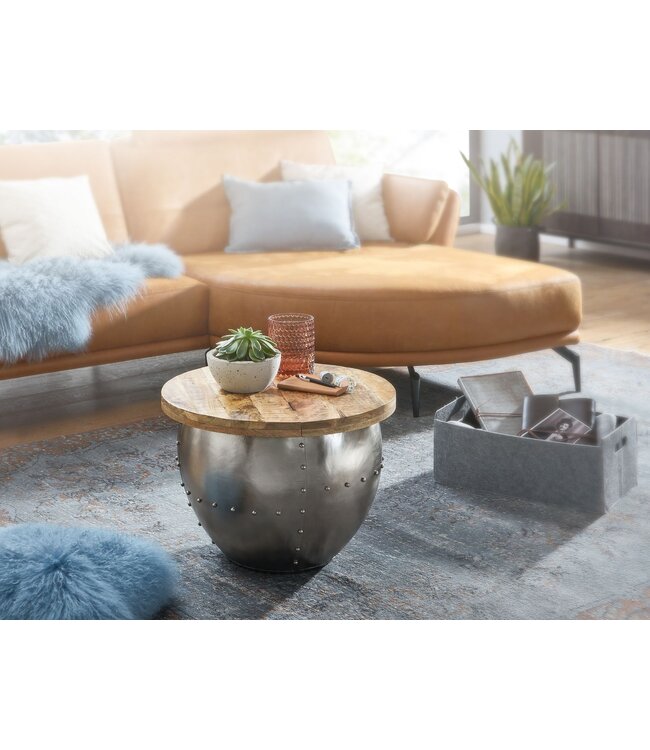 Wohnling salontafel Mango massief hout / metaal 60x43x60 cm industriële stijl rond | Design salontafel met opbergruimte | Moderne salontafel salontafel zilver