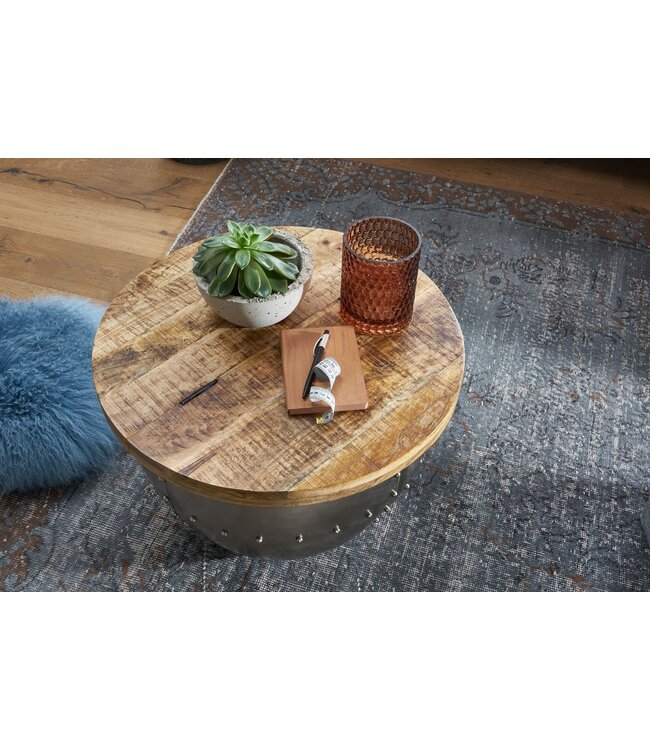 Wohnling salontafel Mango massief hout / metaal 60x43x60 cm industriële stijl rond | Design salontafel met opbergruimte | Moderne salontafel salontafel zilver
