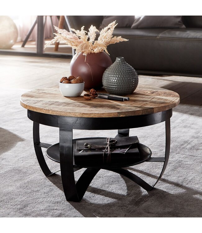 Wohnling salontafel 60x34x60 cm Mango massief hout / metaal Industrieel zwart rond | Salontafel Salontafel massief | Kleine tafel salontafel woonkamer
