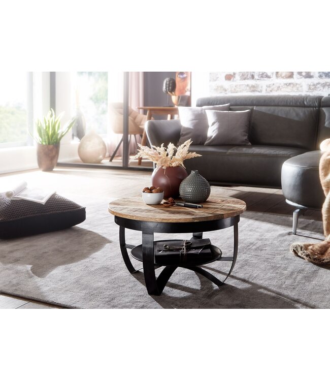 Wohnling salontafel 60x34x60 cm Mango massief hout / metaal Industrieel zwart rond | Salontafel Salontafel massief | Kleine tafel salontafel woonkamer