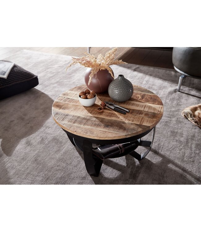 Wohnling salontafel 60x34x60 cm Mango massief hout / metaal Industrieel zwart rond | Salontafel Salontafel massief | Kleine tafel salontafel woonkamer
