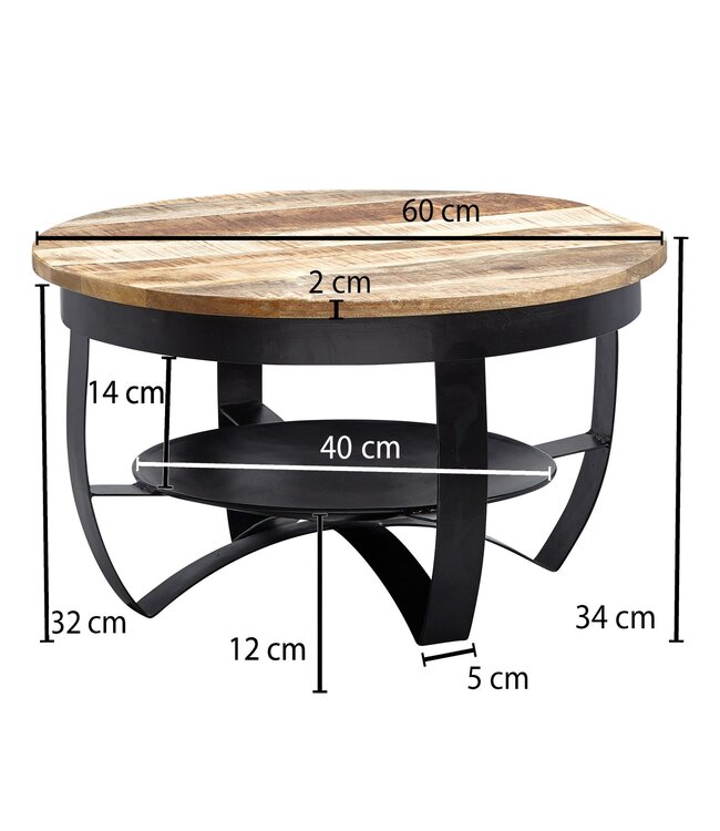 Wohnling salontafel 60x34x60 cm Mango massief hout / metaal Industrieel zwart rond | Salontafel Salontafel massief | Kleine tafel salontafel woonkamer