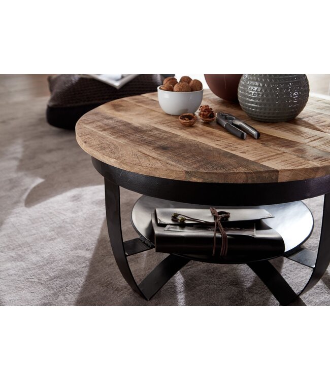 Wohnling salontafel 60x34x60 cm Mango massief hout / metaal Industrieel zwart rond | Salontafel Salontafel massief | Kleine tafel salontafel woonkamer