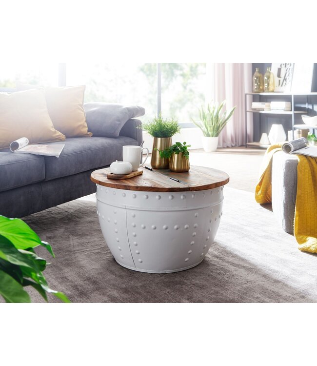 Wohnling salontafel Mango 60x36x60 cm massief hout metaal wit industrieel rond | Design salontafel met opbergruimte | Lounge tafel sofa tafel modern