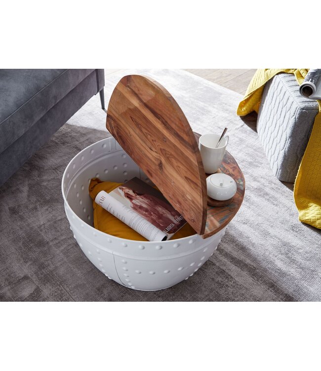 Wohnling salontafel Mango 60x36x60 cm massief hout metaal wit industrieel rond | Design salontafel met opbergruimte | Lounge tafel sofa tafel modern