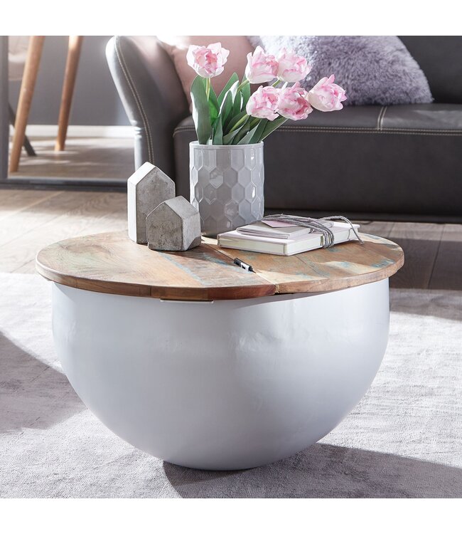Wohnling Salontafel Mango 60x34x60 cm Massief Hout Metaal Tafel Wit Industrieel Rond, Design Woonkamertafel met Opbergruimte, Loungetafel Banktafel Modern