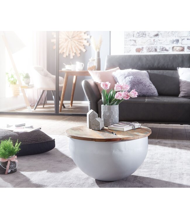 Wohnling Salontafel Mango 60x34x60 cm Massief Hout Metaal Tafel Wit Industrieel Rond, Design Woonkamertafel met Opbergruimte, Loungetafel Banktafel Modern
