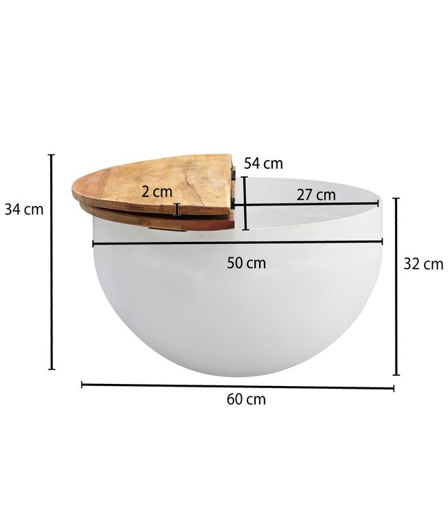 Wohnling Salontafel Mango 60x34x60 cm Massief Hout Metaal Tafel Wit Industrieel Rond, Design Woonkamertafel met Opbergruimte, Loungetafel Banktafel Modern