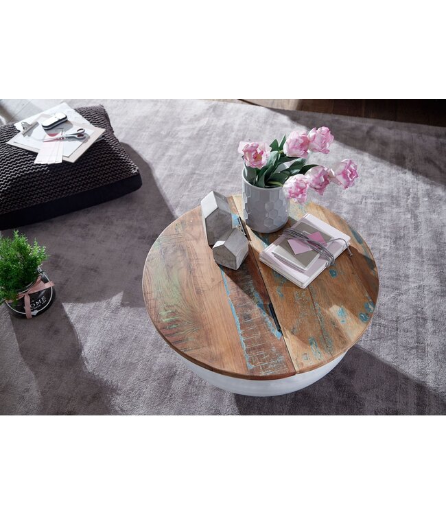 Wohnling Salontafel Mango 60x34x60 cm Massief Hout Metaal Tafel Wit Industrieel Rond, Design Woonkamertafel met Opbergruimte, Loungetafel Banktafel Modern