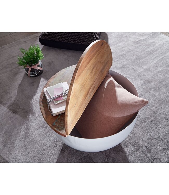 Wohnling Salontafel Mango 60x34x60 cm Massief Hout Metaal Tafel Wit Industrieel Rond, Design Woonkamertafel met Opbergruimte, Loungetafel Banktafel Modern