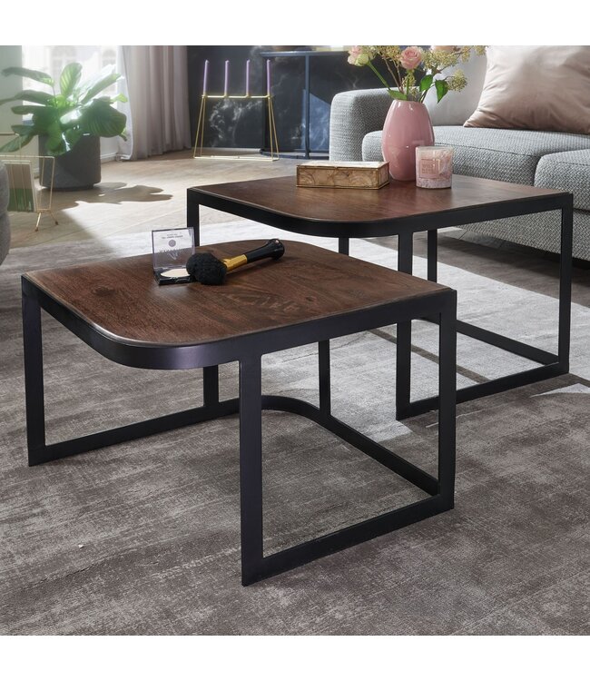 Wohnling salontafel set van 2 mango massief hout / metalen salontafel donker | Industriële bijzettafel bijzettafel metalen poten zwart | 2-delige placemat bijzettafel van hout