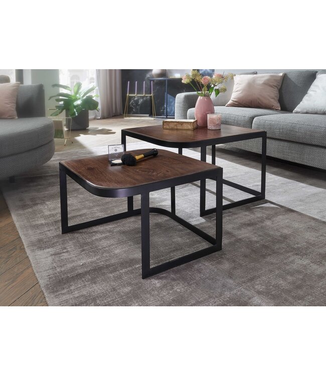 Wohnling salontafel set van 2 mango massief hout / metalen salontafel donker | Industriële bijzettafel bijzettafel metalen poten zwart | 2-delige placemat bijzettafel van hout