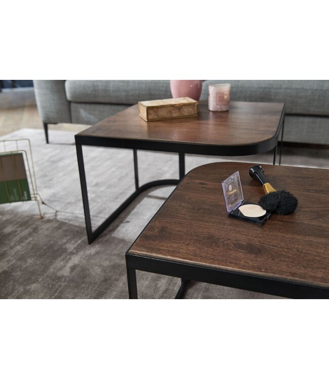 Wohnling salontafel set van 2 mango massief hout / metalen salontafel donker | Industriële bijzettafel bijzettafel metalen poten zwart | 2-delige placemat bijzettafel van hout