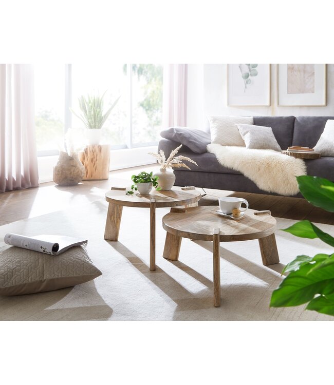 Wohnling Set van 2 massief houten salontafellampen van mangohout | Bijzettafel, houten tafel, ronde bijzettafel | Placemat 2-delige salontafel hout