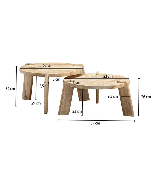 Wohnling Set van 2 massief houten salontafellampen van mangohout | Bijzettafel, houten tafel, ronde bijzettafel | Placemat 2-delige salontafel hout