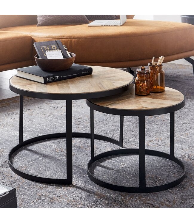 Wohnling Salontafel 2-delige set Massief hout / Metaal Woonkamertafel Industrieel Rond, Bijzettafel met metalen poten Zwart, Tafelset 2-delig Nesttafel Hout